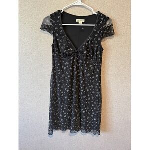 Aeropostale Black Floral Mesh Overlay Mini Dress‎ V Neck Short Sleeve XS